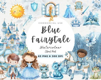 May include: A watercolour clipart pack with a blue fairytale theme. The pack includes a castle, a carriage, a princess, a prince, a dragon, a fairy, a frog, a knight, a horse, a book, a crown, a window, a sun, a shield, and a throne. The clipart is perfect for creating invitations, cards, scrapbook pages, and other crafts.