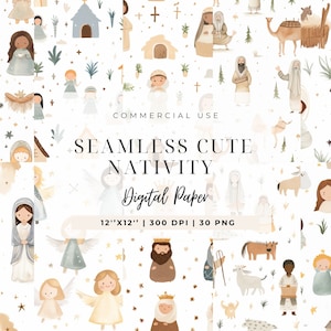 Schattig kerststal naadloos digitaal patroon, kerst aquarel Jezus geboorte illustratie, aquarel PNG, Maria Maagd, Instant Download, kaart