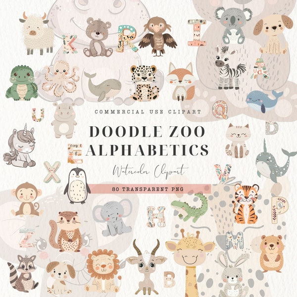 Boho Baby watercolor Clipart, Nursery Animal Clip Art, Newborn Boho Kid Doodle, Alphabet, Letters, Baby Shower PNG, Cute Animal, Sublimation