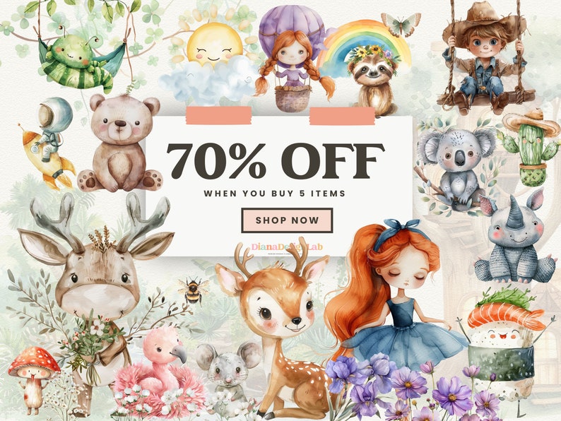 May include: A watercolor illustration featuring a variety of cute animals, including a deer, a bear, a koala, a sloth, a flamingo, a mushroom, a rhino, a sushi roll, and a girl with red hair. The illustration is surrounded by flowers and greenery. The text "70% OFF WHEN YOU BUY 5 ITEMS SHOP NOW" is displayed on a white banner.
