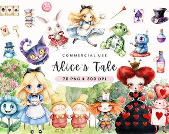 不思議の国のアリスの水彩画クリップアート、ティーパーティーの装飾、Whimsicall コレクション、白ウサギ、かわいいファンタジーアート、誕生日、商用利用