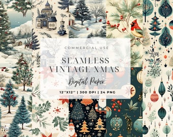 Vintage Christmas Digital Paper Pack: Seamless Holiday Patterns (PNG, PDF)