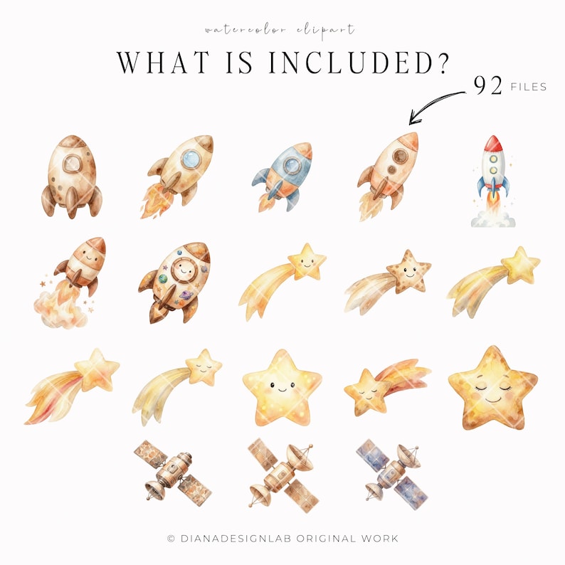 May include: Watercolor clipart set featuring rockets, shooting stars, and satellites. The image includes the text "WHAT IS INCLUDED?" and "92 FILES". The illustrations are in soft brown, orange, and blue tones.