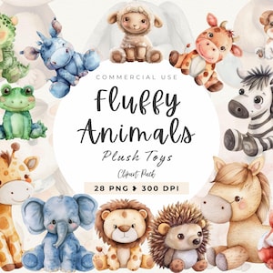 Clipart de animais de pelúcia, clipart de animais de berçário, ursinho de pelúcia, animais de bebê em aquarela, brinquedos infantis png, imagens digitais, fofos, uso comercial