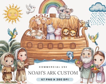 Noahs Ark Clipart, Nursery Decor, Junk Journal, Religious Clipart, Custom Ark, Animals Couple, Baby Shower Birthday Party, Christian Bundle