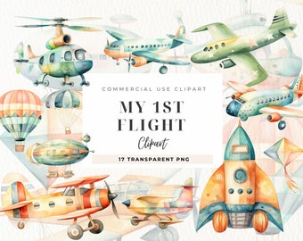 Avión de imágenes prediseñadas para bebés, acuarela de transporte aéreo, decoración de guardería, arte de pared para bebés, helicóptero, globo aerostático, juguetes para niños, uso comercial