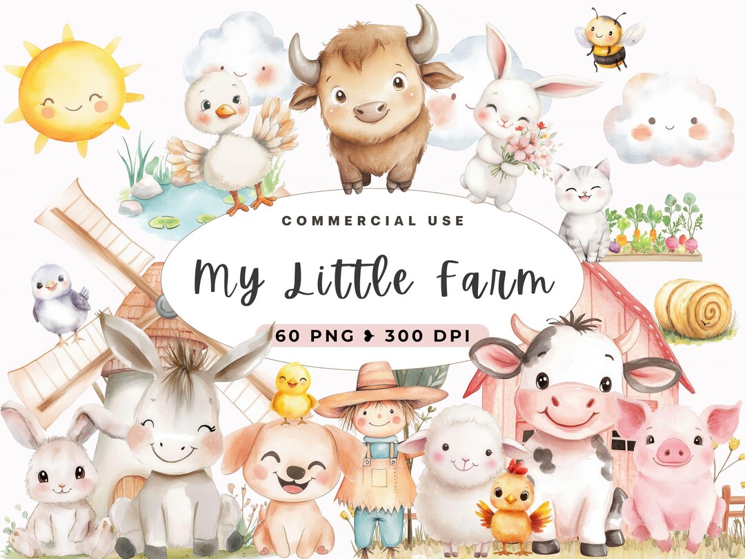 Watercolor Cute Farm Clipart, Cute Animals, Nursery Art, Baby Shower ...