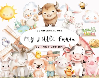 以下が含まれることがあります： かわいい農場の動物をフィーチャーした水彩イラスト60点セット。ロバ、牛、豚、羊、鶏、ウサギ、猫、そしてカカシなど。デジタルまたは印刷された製品を作成するのに最適です。