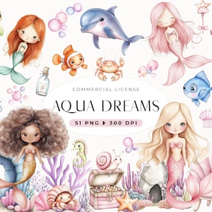 Clipart di sirene sottomarine, sirene bambine, piccoli cuccioli di mare, sirene acquarellabili carine, animali marini, baby shower, festa di compleanno, amici
