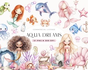 Watercolor Mermaid Clipart: Sea Animals, Baby Shower (Digital Download)