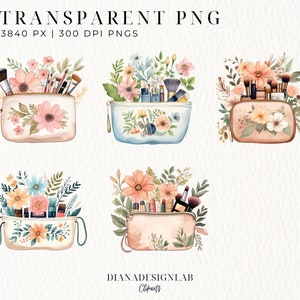 K&ouml;nnte beinhalten: F&uuml;nf Aquarell-Illustrationen von Kosmetiktaschen, gef&uuml;llt mit Make-up-Pinseln und Kosmetik. Jede Tasche ist mit einem Blumendesign in Rosa-, Blau- und Gelbt&ouml;nen verziert.