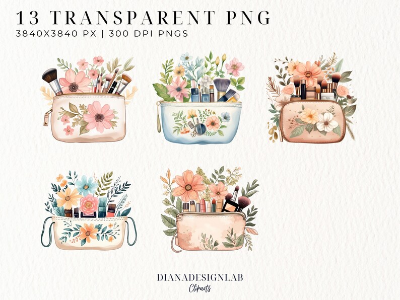 K&ouml;nnte beinhalten: F&uuml;nf Aquarell-Illustrationen von Kosmetiktaschen, gef&uuml;llt mit Make-up-Pinseln und Kosmetik. Jede Tasche ist mit einem Blumendesign in Rosa-, Blau- und Gelbt&ouml;nen verziert.