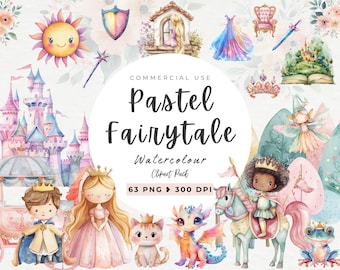 Watercolor Pastel Kingdom Clipart, Nursery Clipart, Wall Art Decor, Dragon Kingdom, Magical Castle Png, Rainbow, Princess, Royal, Unicorn