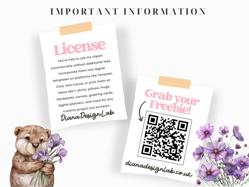 May include: A pink and white card with the text "License" and information about commercial use of clipart. A second card with the text "Grab your Freebie!" and a QR code with the text "dianadesignlab.co.uk".