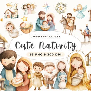 Lindo belén de acuarela, ilustración navideña del nacimiento de Jesús en acuarela, los Reyes Magos, la Virgen María, descarga instantánea para uso comercial