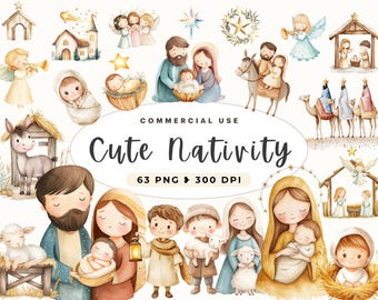May include: A watercolor illustration set of a nativity scene with a variety of characters, including Mary, Joseph, baby Jesus, angels, shepherds, and animals. The set includes 63 PNG files at 300 DPI. The illustration is in a cute, cartoon style with bright colors.
