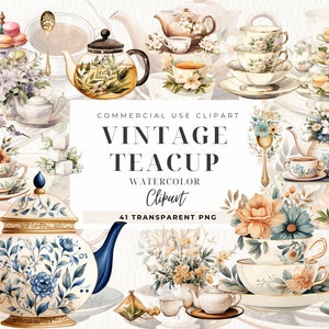 Clipart tazza da tè acquerello, diario spazzatura, clipart Tea Party, ora del tè, tè pomeridiano, clipart tè vintage, digitale, download digitale istantaneo