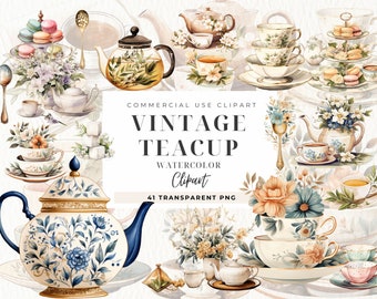 Clipart de xícara de chá em aquarela, Junk Journal, clipart de festa de chá, hora do chá, chá da tarde, clipart de chá vintage, digital, download digital instantâneo