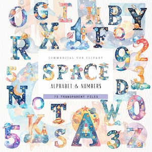 Imágenes prediseñadas del alfabeto espacial, descarga digital, alfabeto para niños png, sublimación espacial, letras de doodle del espacio exterior, números espaciales, astronauta, cohete