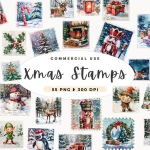 Sellos postales navideños, imágenes prediseñadas, uso comercial, correo navideño, álbum de recortes de diario basura, correo de Santa Claus, marcas postales, material efímero imprimible PNG