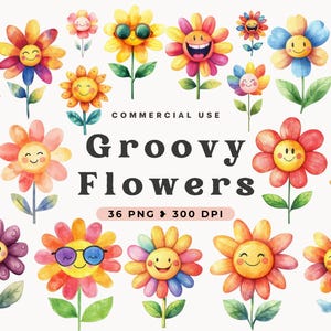 Groovy Flower and Happy Face Clipart, Retro Groovy Flowers, Daisy, Watercolor Boho Flowers, Cute Plants, Flowers with Faces, Commercial Use