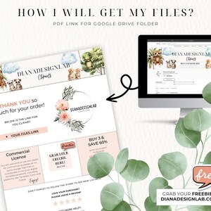 Op de afbeelding: Een roze en groene digitale download-bedankkaart met een bloemenkrans en de tekst "Bedankt voor uw bestelling!" en "Uw bestandslink". De kaart bevat ook een commerci&euml;le licentie en een gratis aanbod.