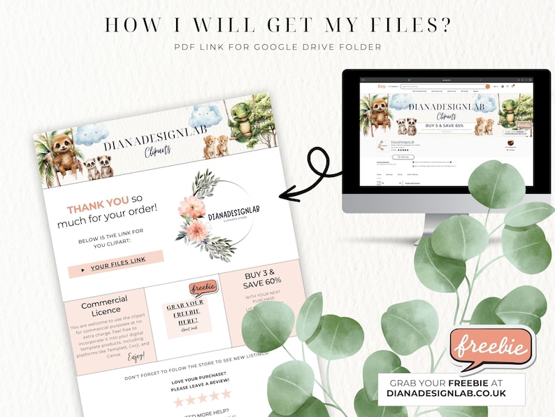 Op de afbeelding: Een roze en groene digitale download-bedankkaart met een bloemenkrans en de tekst "Bedankt voor uw bestelling!" en "Uw bestandslink". De kaart bevat ook een commerci&euml;le licentie en een gratis aanbod.