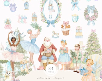 Aquarell Grandmillennial Weihnachtscliparts, Pastellurlaub PNG-Set, Chinoiserie & Ballerina Grafiken, digitaler Download, kommerzielle Nutzung