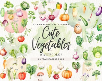 Watercolor Clipart Vegetables, Instant Download, Fresh Vegetables, Gardening Clip Art, Junk Journal, Healthy Food, Cute Fruits, Commercial
