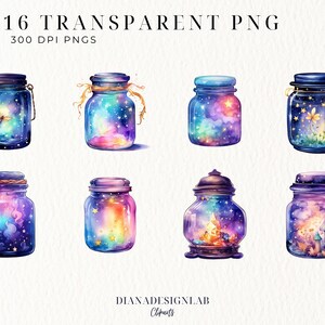 May include: 16 Watercolor illustrations of glass jars with a galaxy theme. Each jar is filled with a swirling nebula of pink, blue, and purple hues, with stars and other celestial elements. Some jars feature a glowing butterfly, a mushroom, or a crystal.