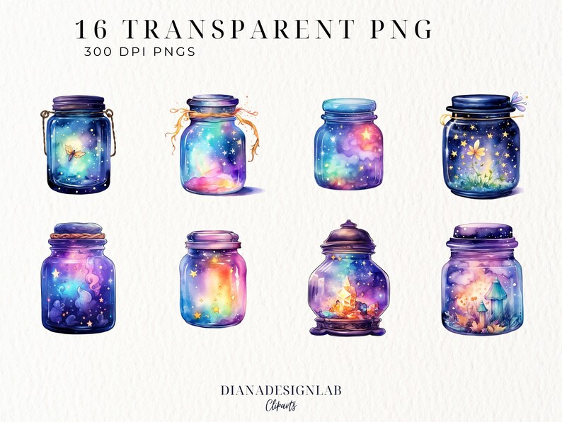 May include: 16 Watercolor illustrations of glass jars with a galaxy theme. Each jar is filled with a swirling nebula of pink, blue, and purple hues, with stars and other celestial elements. Some jars feature a glowing butterfly, a mushroom, or a crystal.