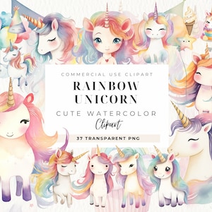 Rainbow Unicorn Clipart, Rainbow Clip Art, Kawaii Clipart, Birthday Ideas, Cute Unicorn Fairy Tale Unicorn Clipart Bundle, Commercial Use