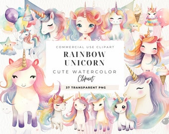 Regenbogen Einhorn Clipart, Regenbogen Clip Art, Kawaii Clipart, Geburtstag Ideen, süße Einhorn Märchen Einhorn Clipart Bundle, kommerzielle Nutzung
