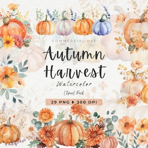 Pumpkins and Flowers Watercolor Autumn Clipart, Pumpkin Bouquets, Autumn Farmhouse, Digital Download, Floral Pumpkins, Thanksgiving, Fall