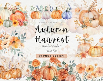 Pumpkins and Flowers Watercolor Autumn Clipart, Pumpkin Bouquets, Autumn Farmhouse, Digital Download, Floral Pumpkins, Thanksgiving, Fall