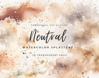 Neutral Watercolor Splatter Clipart, Elements & Free Flowing Shapes, Fall Logo Design, Abstract Background, Splashes Neutral, Brush Strokes