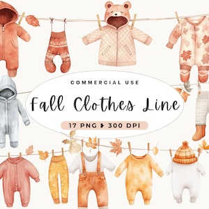 Clipart ligne de vêtements bébé automne, décoration de chambre d'enfant, baby shower bohème, vêtements suspendus, vêtements bébé automne, art mural, citrouille, usage commercial