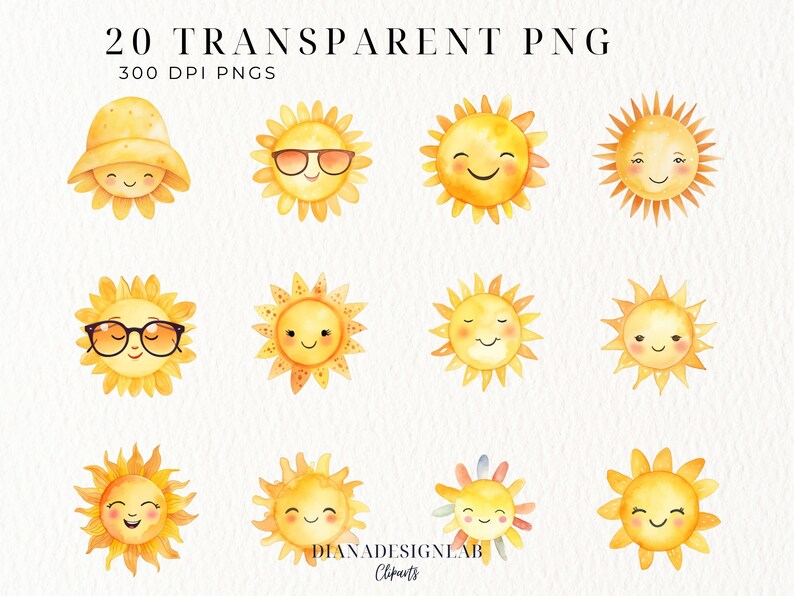 May include: Twenty watercolor illustrations of smiling suns with different facial expressions and accessories, including sunglasses and a hat. The suns are yellow with orange highlights and are set against a white background.