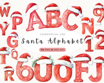 May include: A watercolor alphabet with each letter decorated with a Santa hat. The letters are red with white polka dots. The letters are in uppercase and are arranged in alphabetical order. The text "Santa Alphabet" is written in black cursive font below the letters. The text "72 PNG: 300 DPI" is written in black font below the text "Santa Alphabet". The text "COMMERCIAL USE" is written in black font above the text "Santa Alphabet".