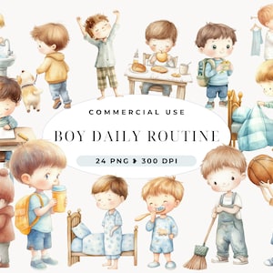 Tägliche Routine Clipart, Junge Alltag, Kinder Clipart, Tagesplaner, Aquarell Aufkleber Routine, Kinder Morgen, Lehren, Kommerzielle Nutzung