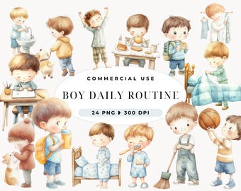 Tägliche Routine Clipart, Junge Alltag, Kinder Clipart, Tagesplaner, Aquarell Aufkleber Routine, Kinder Morgen, Lehren, Kommerzielle Nutzung