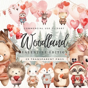 Imágenes prediseñadas del Día de San Valentín en acuarela, Animales bebés, Imágenes prediseñadas románticas, Animales del bosque, Descarga digital, Corazón, Oso, Zorro, Uso comercial