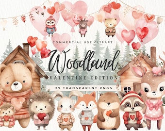 Watercolor Valentines Day clipart, Baby animals, Romantic clip art, Woodland Animal, Digital Download, Heart, Bear, Fox, Commercial Use