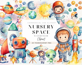 Watercolor Astronaut Clipart, Boy Astronaut, Planets Clip art, Girl Astronaut, Nursery Decor, Rocket, Baby Nursery, Stars And Moon, Planets