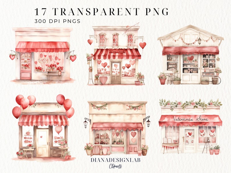 May include: A set of 17 watercolor illustrations of Valentine's Day themed shops. The shops are all different styles, but they all have a romantic and whimsical feel. Some of the shops have red awnings, while others have white awnings. All of the shops have hearts and flowers decorating them. The illustrations are perfect for creating Valentine's Day cards, invitations, or scrapbook pages.