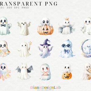 Puede incluir: Un conjunto de 12 ilustraciones de acuarela de lindos fantasmas en varias poses y disfraces. Los fantasmas llevan sombreros, sostienen calabazas y llevan dulces. Las ilustraciones son perfectas para manualidades y decoraciones de Halloween.