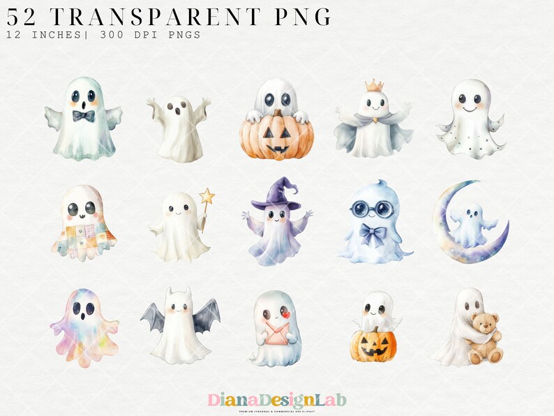 Puede incluir: Un conjunto de 12 ilustraciones de acuarela de lindos fantasmas en varias poses y disfraces. Los fantasmas llevan sombreros, sostienen calabazas y llevan dulces. Las ilustraciones son perfectas para manualidades y decoraciones de Halloween.