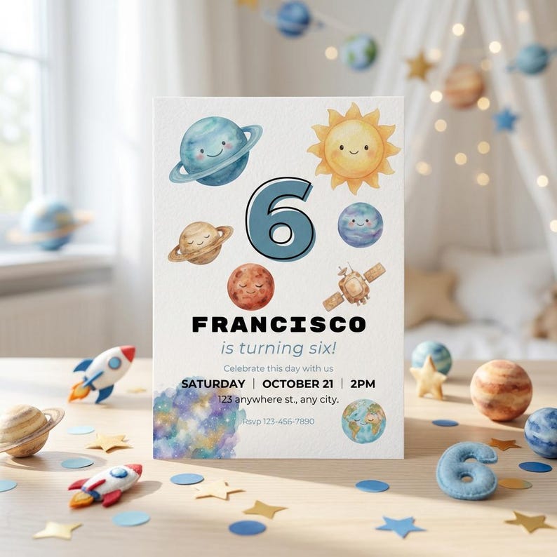May include: A birthday invitation with a space theme. The invitation features illustrations of planets, the sun, and a satellite. The text reads "Francisco is turning six!" with the date, time, and location details. Decorative stars and planets surround the invitation.