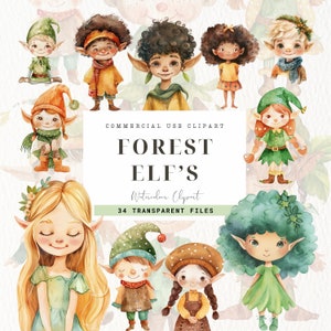 Aquarel Elf Clipart, Love Elves, Kerstkunst, Boswezens, Geheugenboek, Commercieel Gebruik, Schattige Elfen Clipart, Scrapbook, Kinderkamerkunst