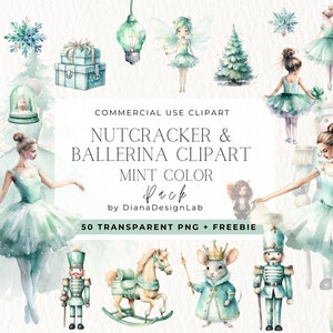 Clipart de Natal quebra-nozes, Mint Watercolor Christmas PNG, Mint Xmas, Árvore de Natal, Bailarina, Rei do Rato, Fada, Balé de Natal